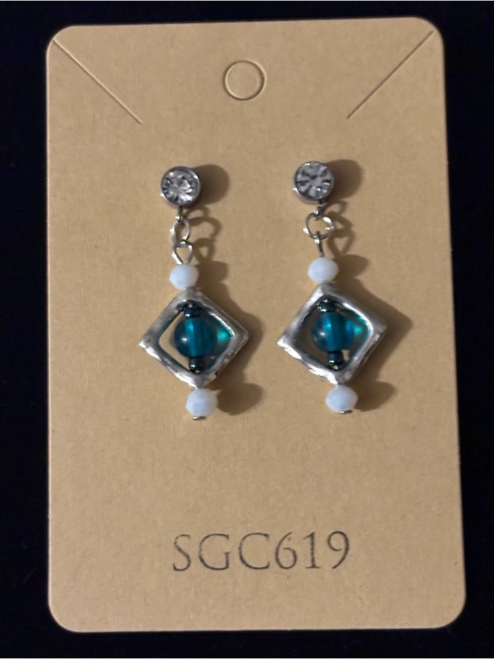 Teal Glass Bead Drop Earrings with Silver Frames